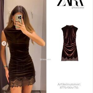 ZARA ZW FW25 VELVET LACE DRESS DARK BROWN 8779/664/716 MEDIUM M VIRAL LUXURY